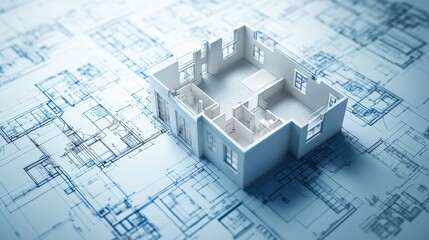 architectural plan of a 3-room house on blue-white paper seen diagonally. 3D render. high quality photo,