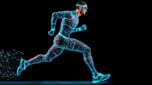 A glowing, digital representation of a runner in motion, showcasing the fusion of technology and athleticism against a dark background.