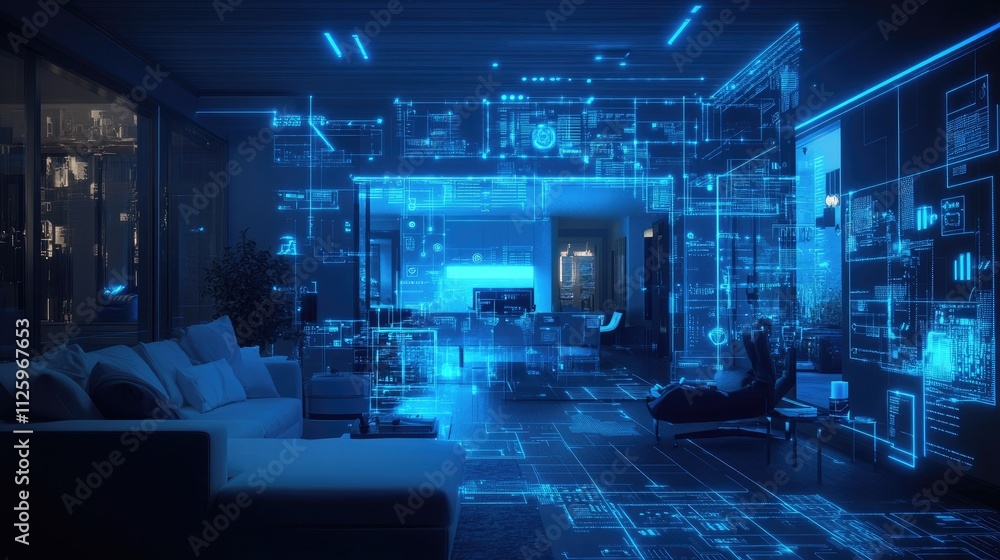 Poster smart home concept with an interior illuminated by blue digital holograms and lines, showcasing a ho