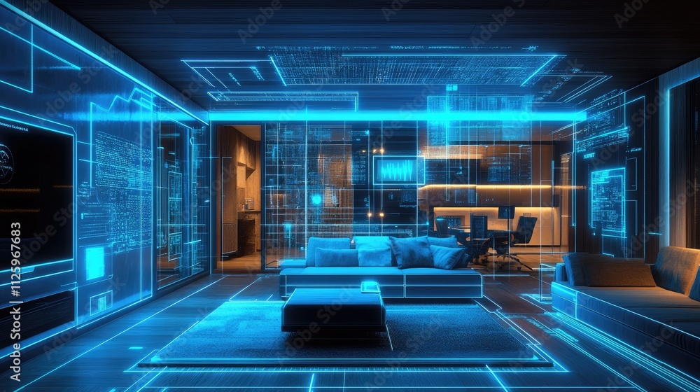 Aufkleber smart home concept with an interior illuminated by blue digital holograms and lines, showcasing a ho