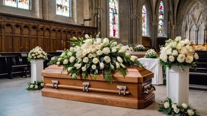 A wooden coffin adorned with flowers in a church setting during a funeral service