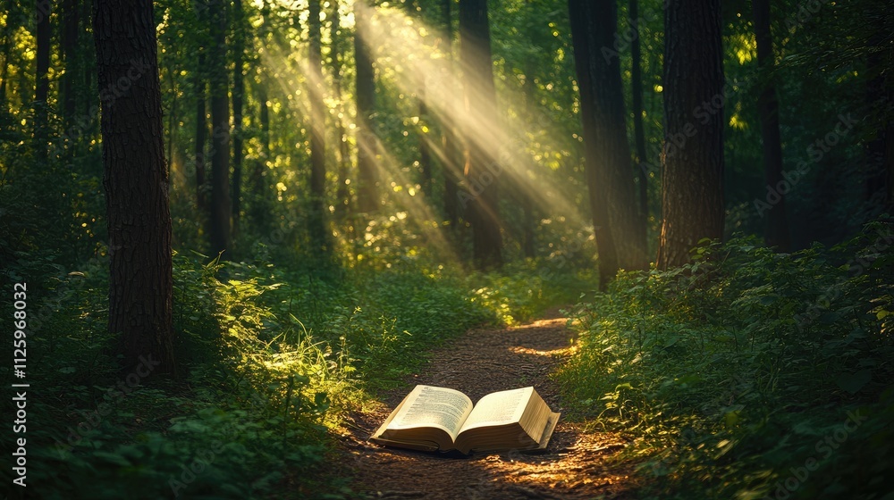Poster Tranquil forest setting with an open book lying on a path, sunlight filtering through the trees above.
