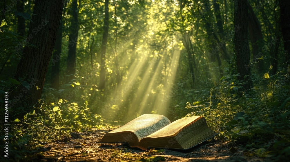 Poster Tranquil forest setting with an open book lying on a path, sunlight filtering through the trees above.