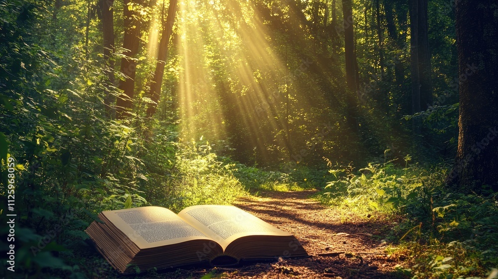 Poster Tranquil forest setting with an open book lying on a path, sunlight filtering through the trees above.