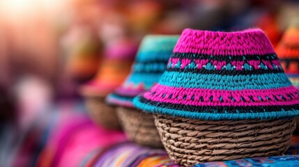 Obraz premium Colorful Woven Baskets Textile Market Handmade Crafts South American Vibrant Colors E