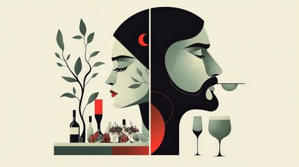 Elegant Couple  Wine Tasting  Romantic Dinner  Abstract Art  Modern Illustration