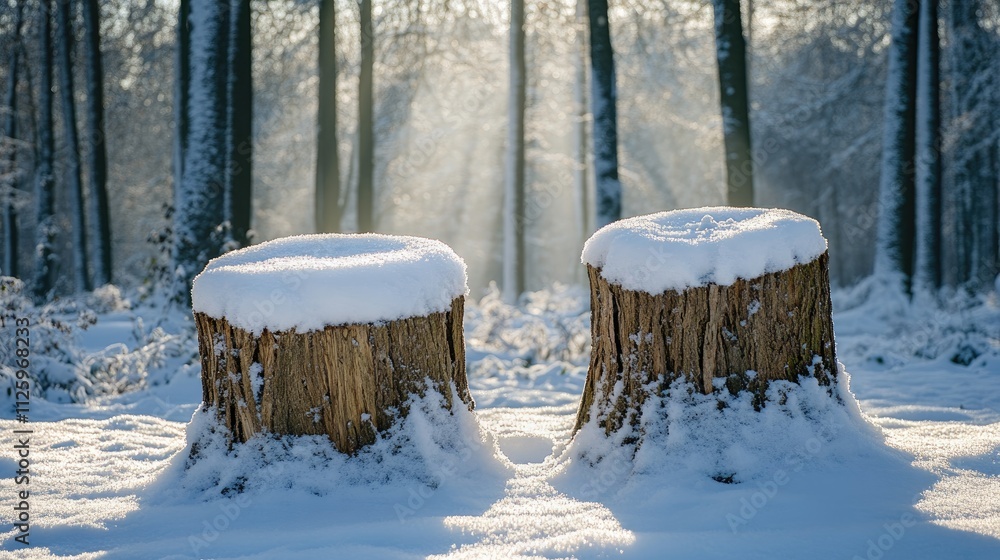 Poster Two tree stumps covered in fresh snow, illuminated by sunlight streaming through the trees, creating a serene and picturesque winter scene.