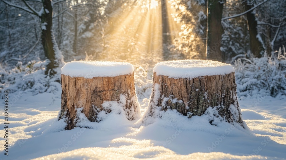 Aufkleber two tree stumps covered in fresh snow, illuminated by sunlight streaming through the trees, creating