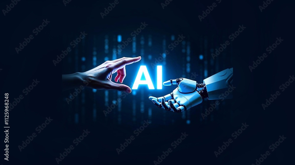 Wall mural a robot hand touching a human hand. futuristic background, glowing ai icon. concept of innovation, h