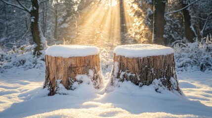 Two tree stumps covered in fresh snow, illuminated by sunlight streaming through the trees, creating a serene and picturesque winter scene.