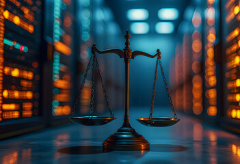 Law scales on background of data center. Digital law concept of duality of Judiciary, Jurisprudence...