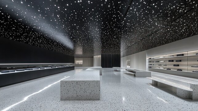 Modern minimalist store interior with starry ceiling.