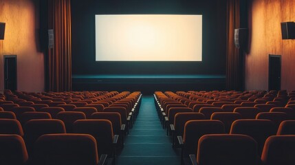 Obraz premium Wide shot of a spacious auditorium with rows of empty seats and a large screen, ideal for presentations.