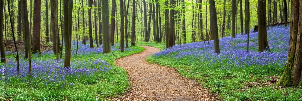 Poster a winding pathway leads into the heart of a lush forest, surrounded by verdant trees and colorful fl