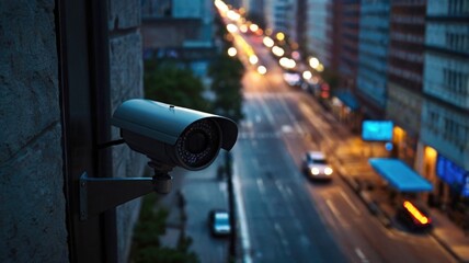 Surveillance Night Camera Overlooking City Street at Dusk. Urban Security Concept