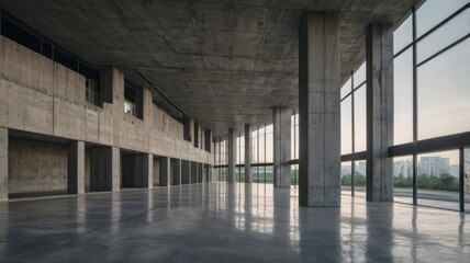 Modern Concrete Gray Building Structure with Open View. Minimalistic Urban Architecture City