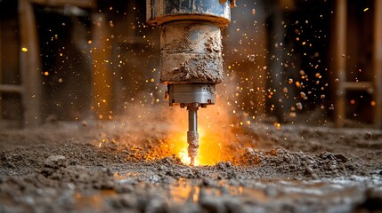 Close-up of a drill piercing the ground, creating sparks and flying debris in a vibrant scene.