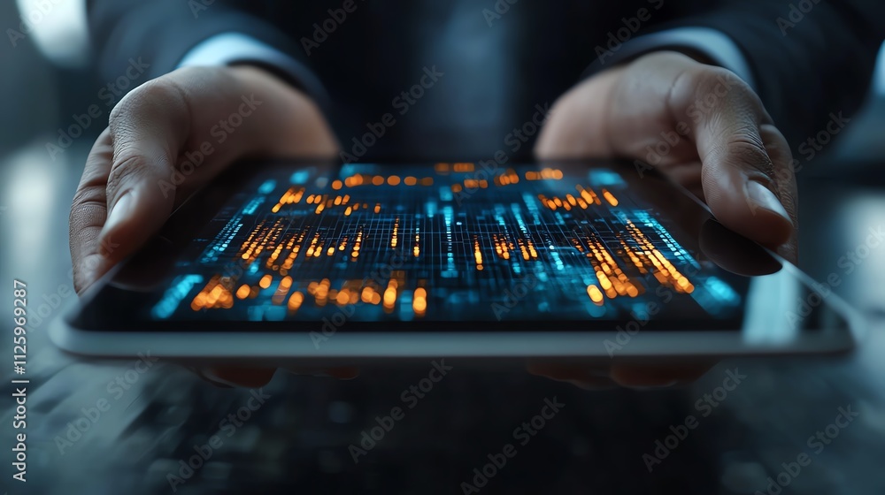 Poster hands holding a tablet displaying vibrant data analysis on screen.
