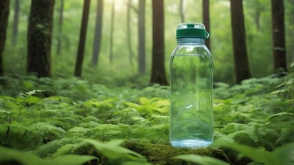 Close-Up of a Sparkling Water Bottle with Sunlight Reflection Against a Blurred Nature Backdrop. With space for text