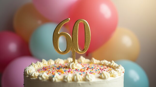 Festive 60th Birthday Celebration with Colorful Balloons and Cake