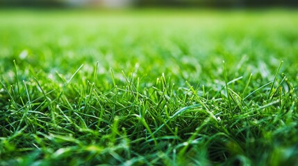 Fototapeta premium 70.A well-maintained backyard with freshly cut grass, the lawn appearing dense and vibrant with a rich green hue. The even, soft texture of the grass highlights the care given to the garden, making