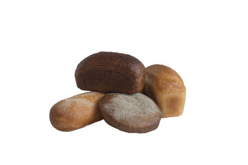 Bread, baguette and buns made of wheat and rye flour in close-up on a white background, isolated