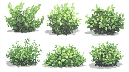 29.A collection of green bushes in flat vector style on a white background, each bush designed with rounded, clean shapes and subtle leaf details. The leaves are layered to create a sense of depth