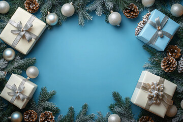 Elegant display of Christmas gifts and ornaments, ideal for festive greeting cards and New Year templates. Evokes holiday cheer and tranquility.