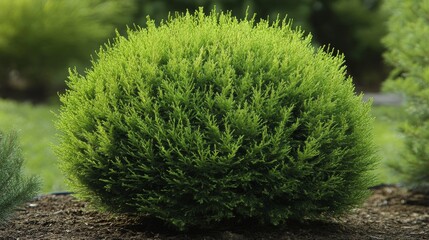 89.A close-up of a compact green thuja bush with a rounded shape, showing vibrant, healthy needles in a uniform, dense pattern. The plant has a clean, natural look, with soft shadows and textures