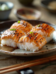 Yellowtail Nigiri sushi with sesame, close up Japanese sushi on ceramic plate