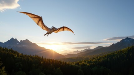 A majestic dragon soaring over a medieval castle surrounded by a dense forest and mountains