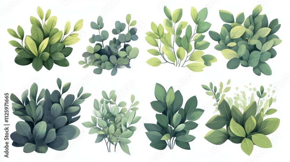 Poster 27.a flat vector set of green bushes isolated on a white background, each bush illustrated with dens