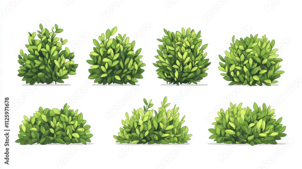 Poster 27.a flat vector set of green bushes isolated on a white background, each bush illustrated with dens