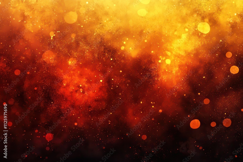 Poster fiery orange and yellow abstract background with bokeh effect; sparks and glowing embers. perfect fo