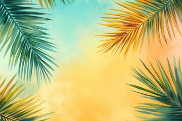 Vibrant palm leaves frame a sunny, yellow-teal backdrop. Ideal for summer, tropical, or vacation themes; evokes warmth and relaxation.