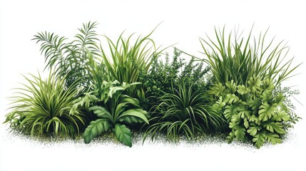 7.A flat vector illustration of various green grass bushes against a pure white background, each bush arranged with a dense collection of grass blades that spread naturally. The design showcases