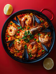 Bold and colorful Spanish paella with seafood, a culinary masterpiece