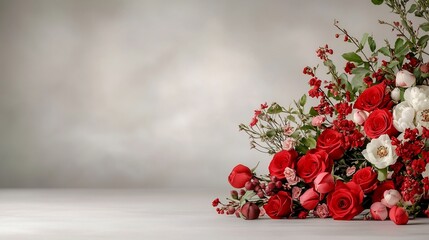 Vibrant Red Rose Wreath Hanging on White Wall in Minimalist Setting