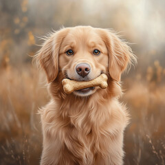 Obraz premium A close-up of a golden retriever holding a bone in its mouth, soft natural light emphasizing the textures of the bone and the dog’s fur, blurred park background for depth, playful and cheerful mood