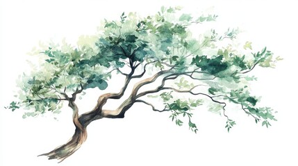 17.A watercolor-style illustration of a leafy tree from the side, featuring flowing branches and a rich green canopy. The tree's leaves are painted in varying shades, with delicate brush strokes