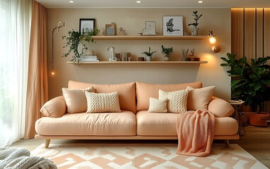 Cozy living room with peach sofa, shelves, plants, and soft furnishings.