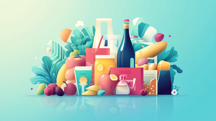 Colorful display of fresh fruits, beverages, and packaged goods on a vibrant background