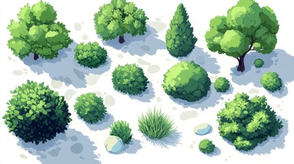 11.An isometric set of trees and bushes designed for landscape design, featuring stylized green foliage in various shades and textures. Each tree and bush is shaped in a geometric, cartoon-like