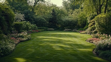 Obraz premium 50.A beautifully manicured green lawn with a close-cut grassy surface, surrounded by an array of flowering shrubs and deciduous bushes in a park setting. The lawn appears soft and inviting, and the