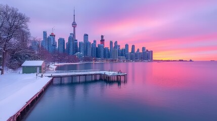 Fototapeta premium Stunning Winter Sunset Skyline Cityscape Waterfront Snow Pier Calm Waters Dramatic C