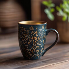 Ornate dark mug, gold floral design.