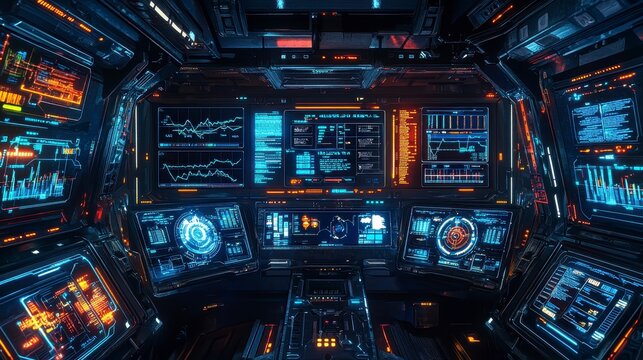 High tech HUD dashboard with multiple screens displaying data and graphs, featuring futuristic design and glowing interfaces. Ideal for sci fi and technology themes