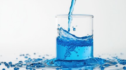 Blue Liquid Pouring into Glass Beaker