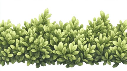 Fototapeta premium 95.A realistic illustration of a flower bed composed of green bushes, arranged closely in a decorative form. The bushes are rich in texture and color, with leaves in layered shades of green, creating
