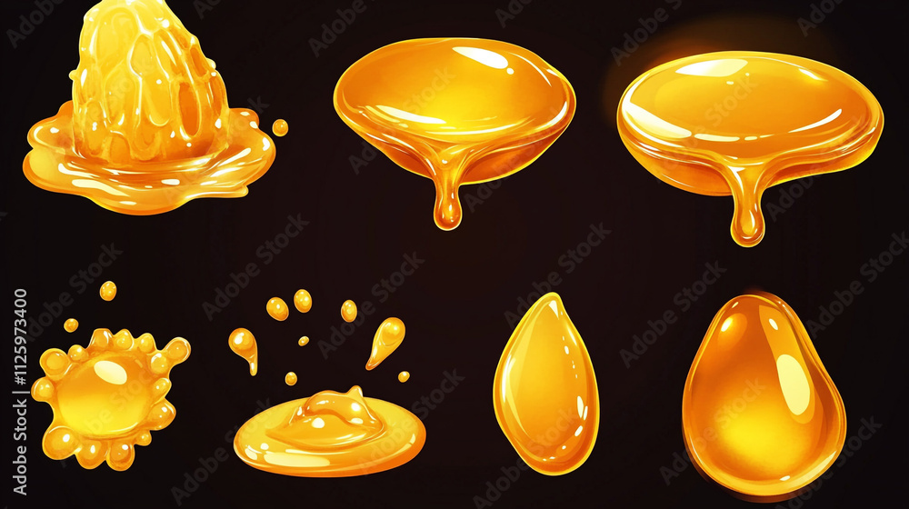 Poster Various types of honey displayed against a dark background showcasing texture and color
